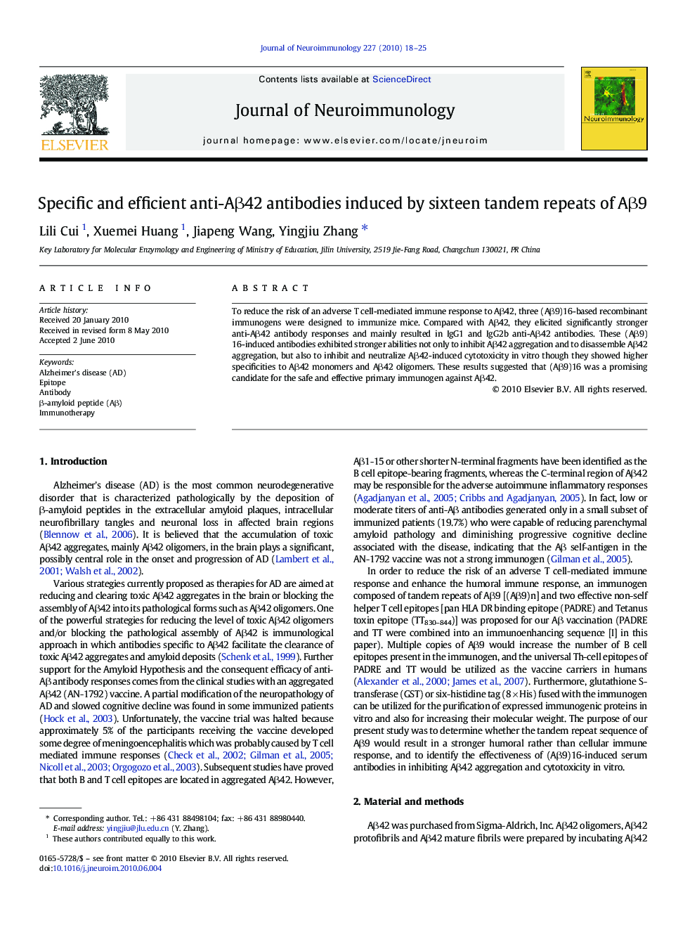 Specific and efficient anti-AÎ²42 antibodies induced by sixteen tandem repeats of AÎ²9