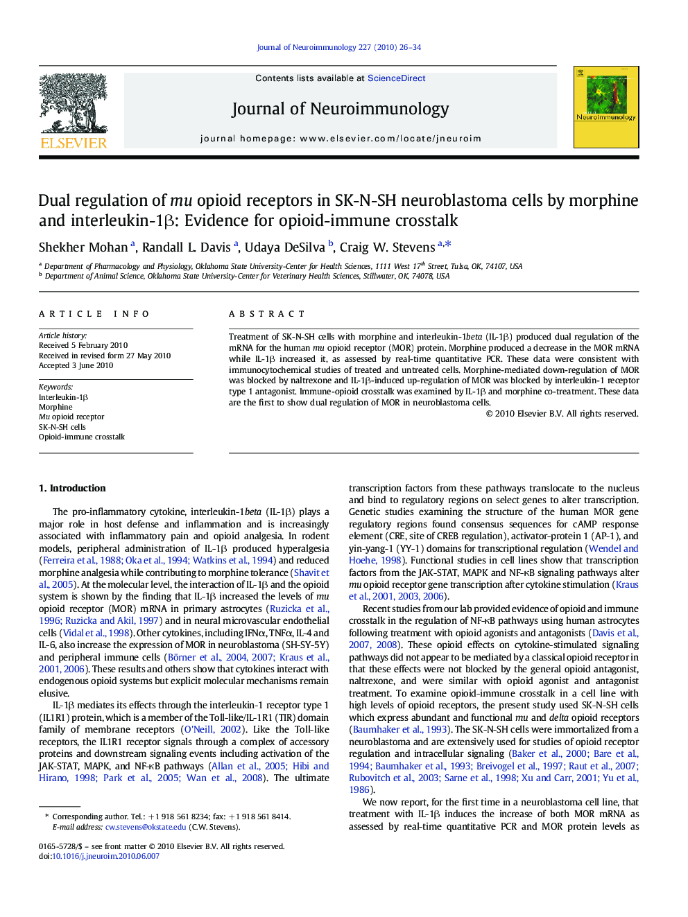 Dual regulation of mu opioid receptors in SK-N-SH neuroblastoma cells by morphine and interleukin-1Î²: Evidence for opioid-immune crosstalk