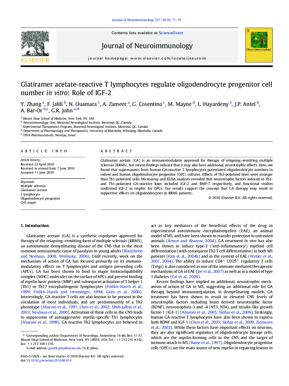 Glatiramer acetate-reactive T lymphocytes regulate oligodendrocyte progenitor cell number in vitro: Role of IGF-2