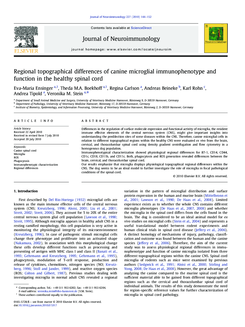 Regional topographical differences of canine microglial immunophenotype and function in the healthy spinal cord