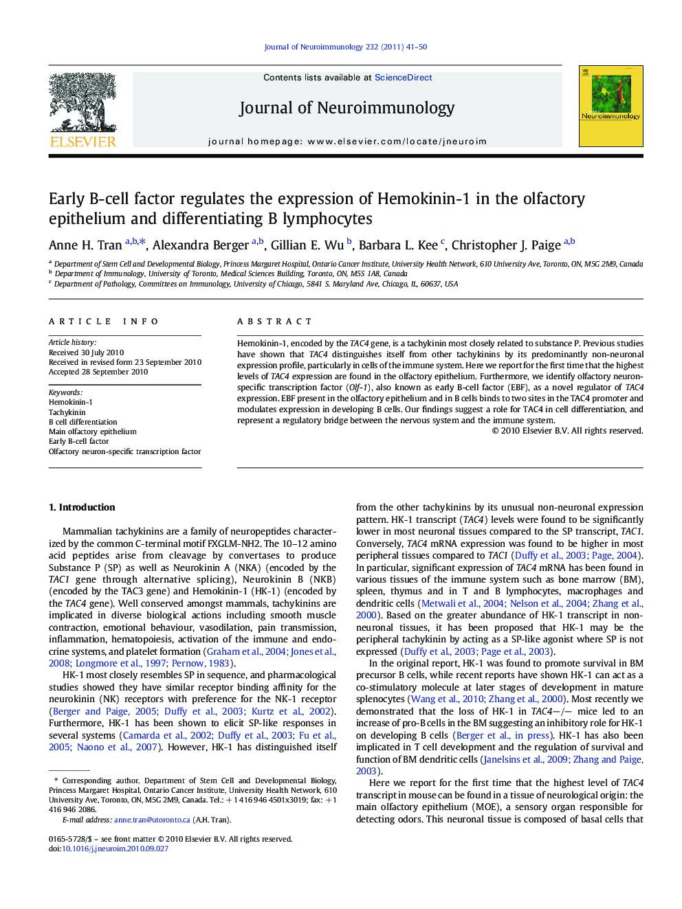 Early B-cell factor regulates the expression of Hemokinin-1 in the olfactory epithelium and differentiating B lymphocytes