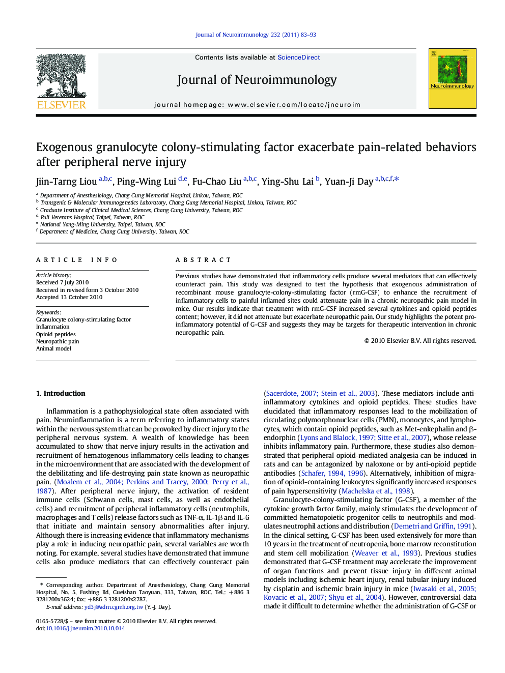 عکس صفحه اول مقاله: Exogenous granulocyte colony-stimulating factor exacerbate pain-related behaviors after peripheral nerve injury Exogenous granulocyte colony-stimulating factor exacerbate pain-related behaviors after peripheral nerve injury