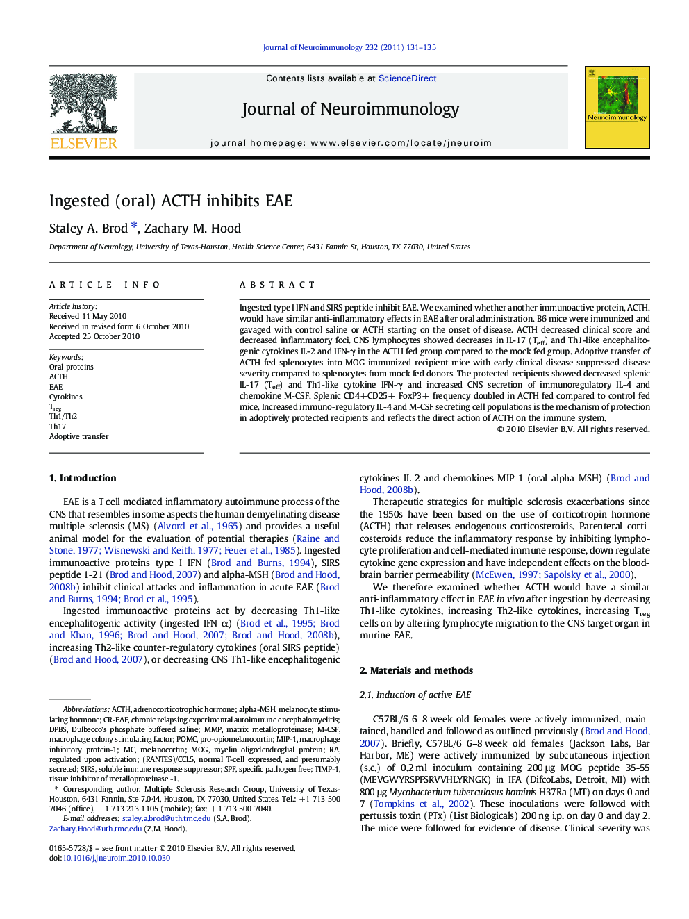 Ingested (oral) ACTH inhibits EAE