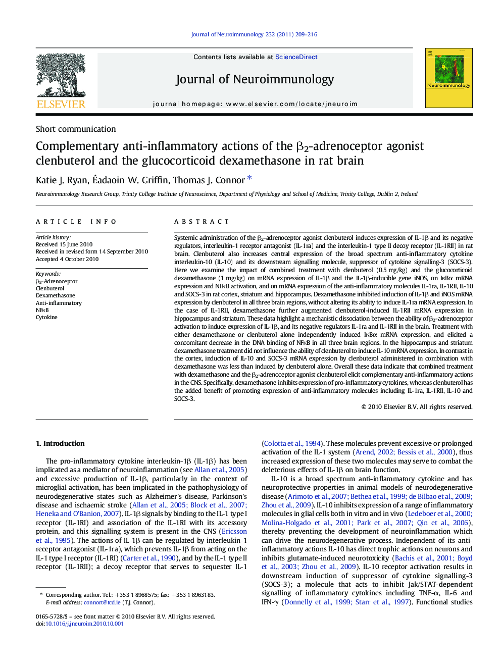 Short communicationComplementary anti-inflammatory actions of the Î²2-adrenoceptor agonist clenbuterol and the glucocorticoid dexamethasone in rat brain