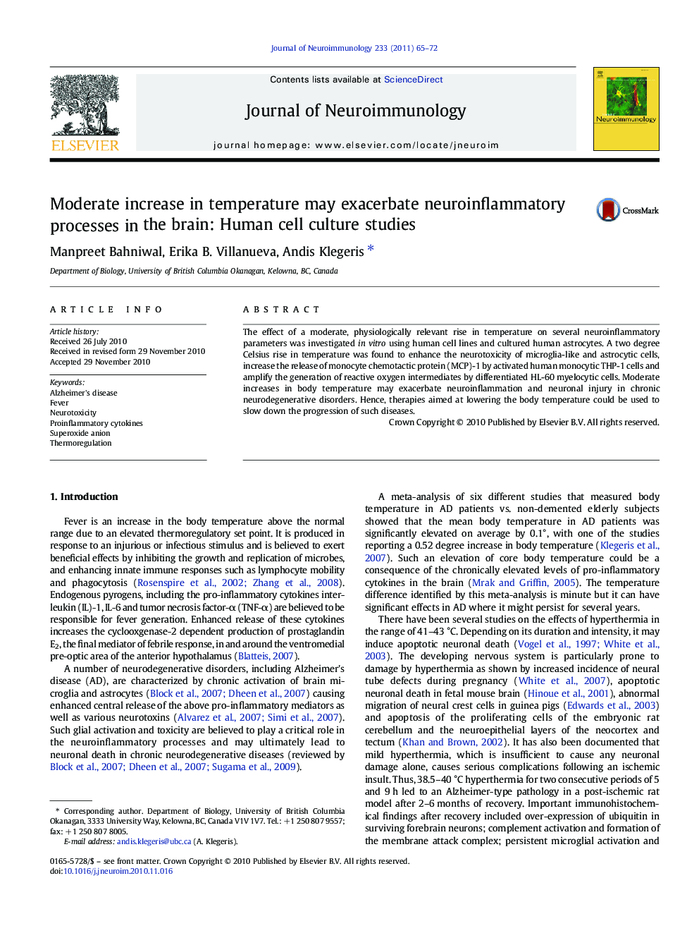 Moderate increase in temperature may exacerbate neuroinflammatory processes in the brain: Human cell culture studies