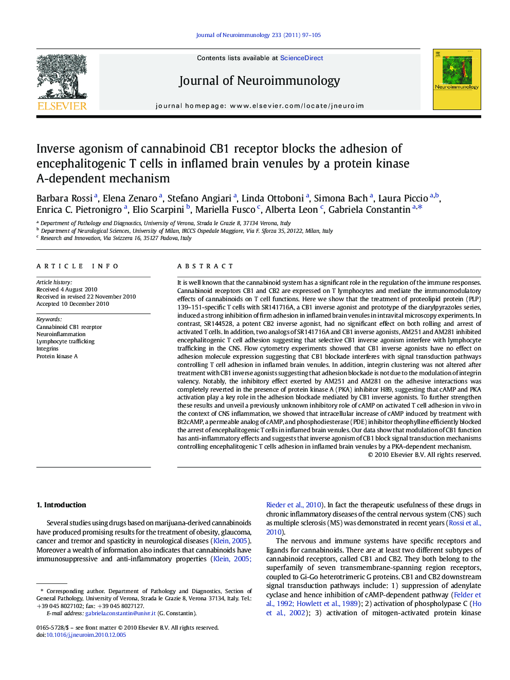 Inverse agonism of cannabinoid CB1 receptor blocks the adhesion of encephalitogenic T cells in inflamed brain venules by a protein kinase A-dependent mechanism