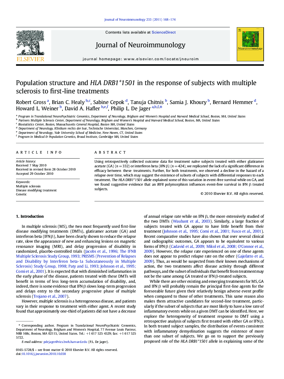 Population structure and HLA DRB1*1501 in the response of subjects with multiple sclerosis to first-line treatments