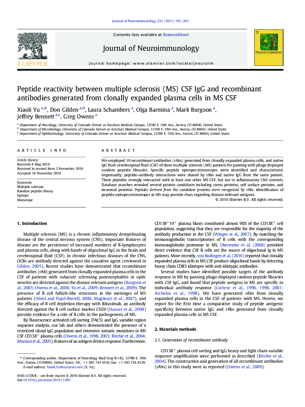 Peptide reactivity between multiple sclerosis (MS) CSF IgG and recombinant antibodies generated from clonally expanded plasma cells in MS CSF