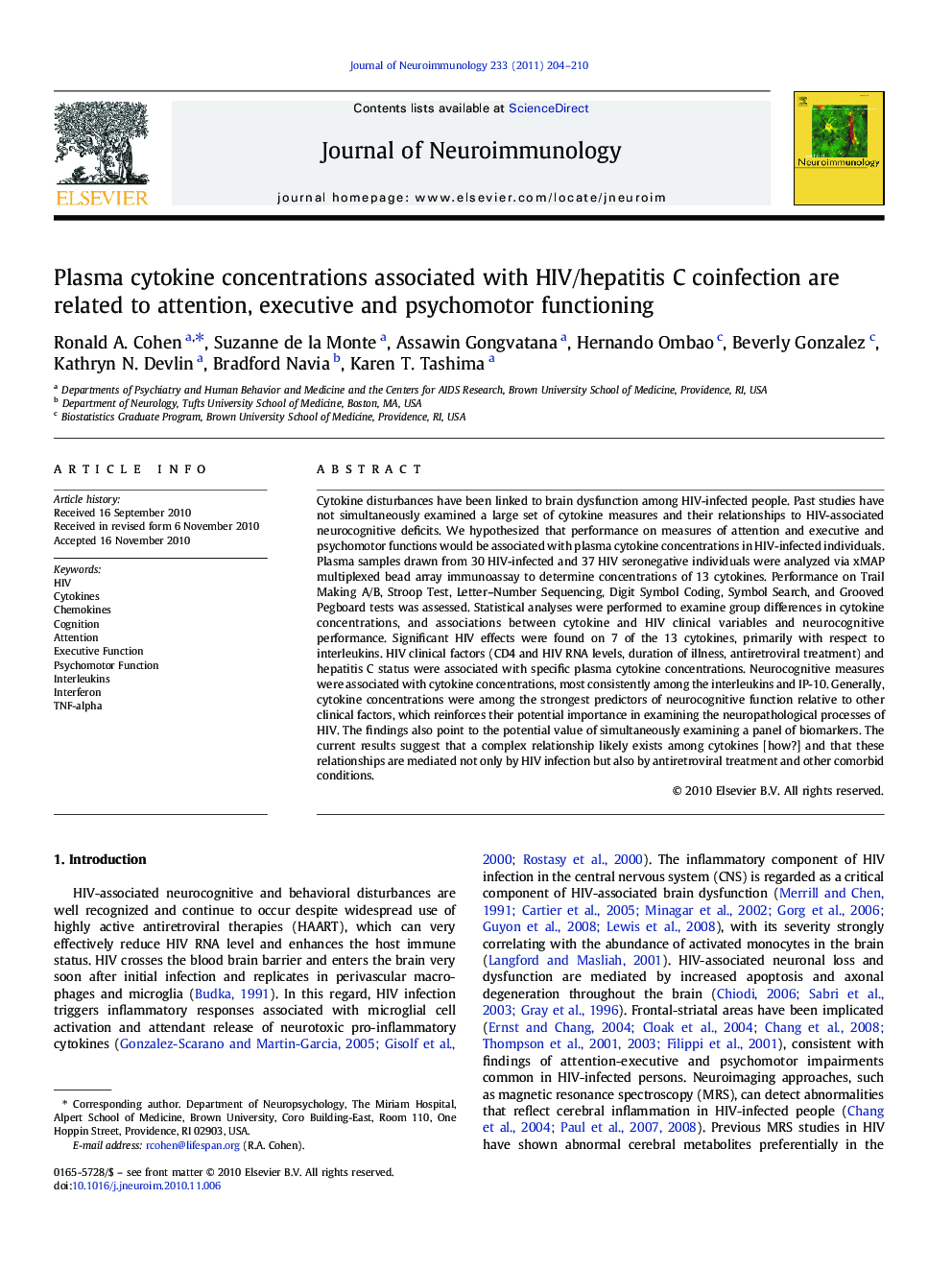 Plasma cytokine concentrations associated with HIV/hepatitis C coinfection are related to attention, executive and psychomotor functioning