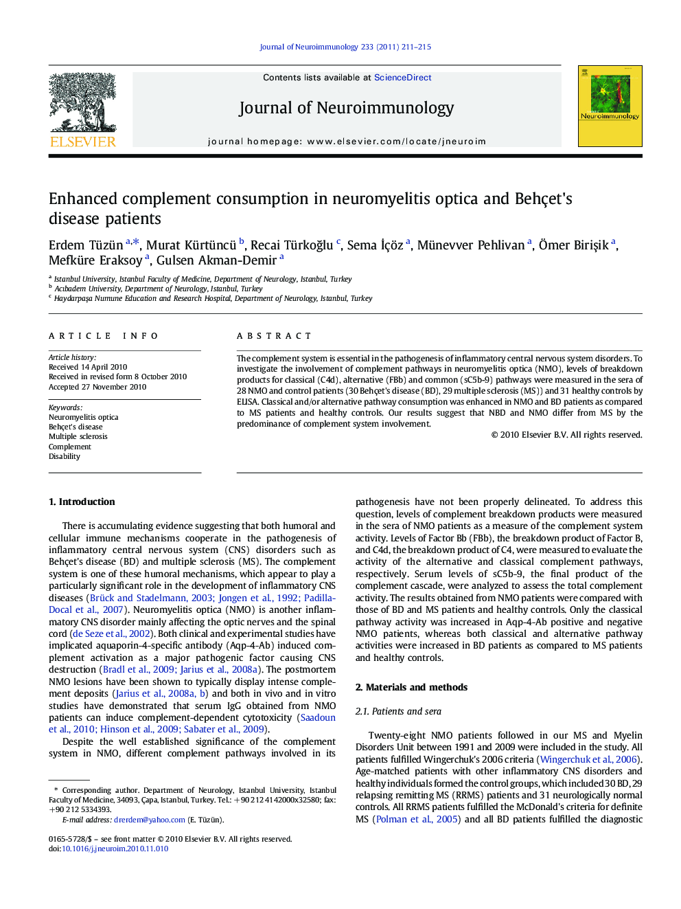 Enhanced complement consumption in neuromyelitis optica and Behçet's disease patients