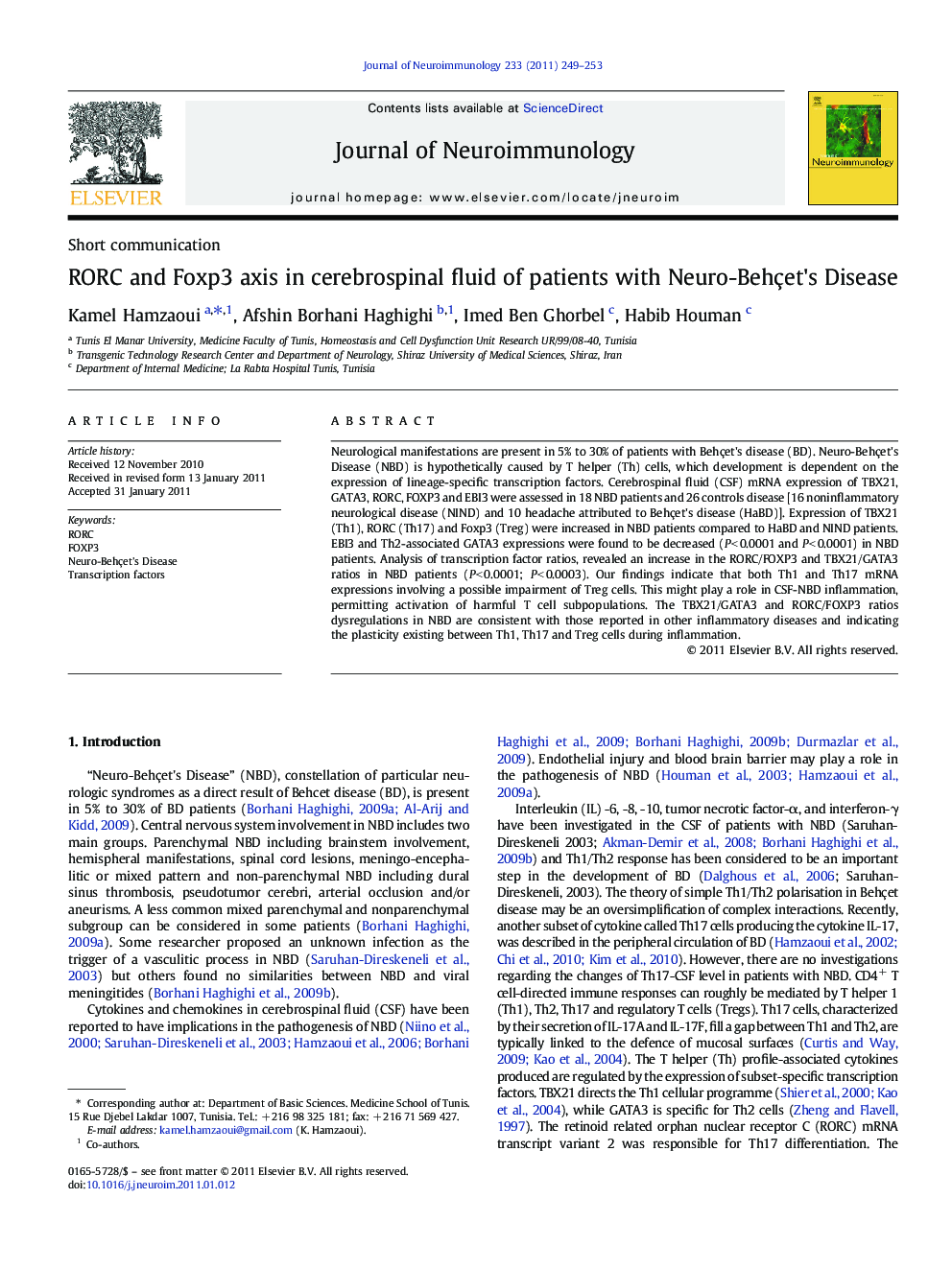 RORC and Foxp3 axis in cerebrospinal fluid of patients with Neuro-Behçet's Disease