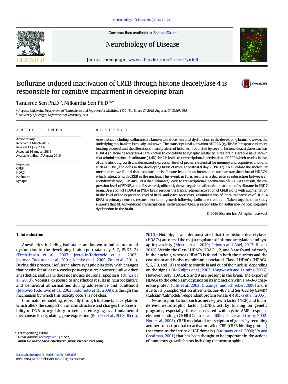 Isoflurane-induced inactivation of CREB through histone deacetylase 4 is responsible for cognitive impairment in developing brain