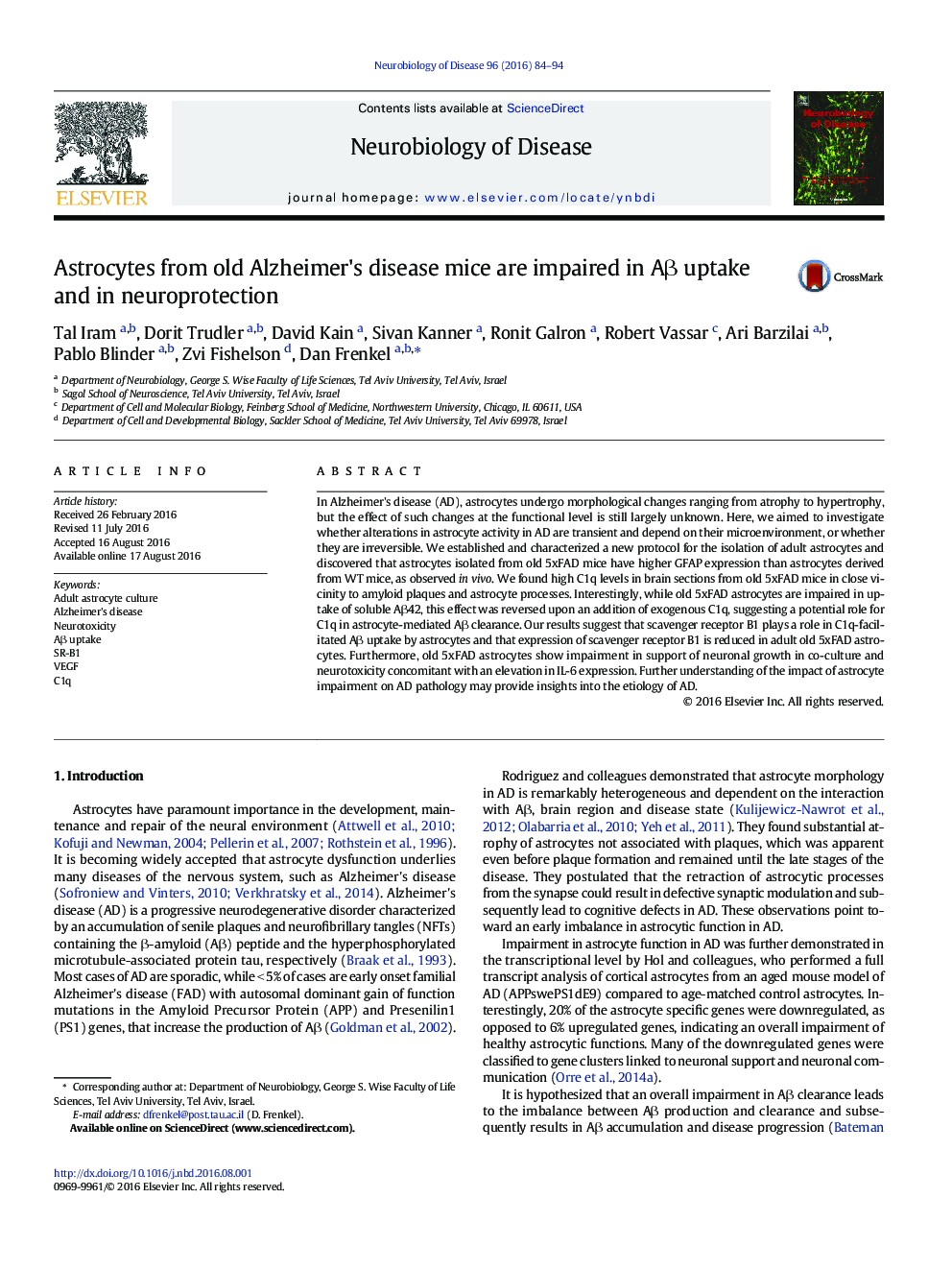 Astrocytes from old Alzheimer's disease mice are impaired in AÎ² uptake and in neuroprotection