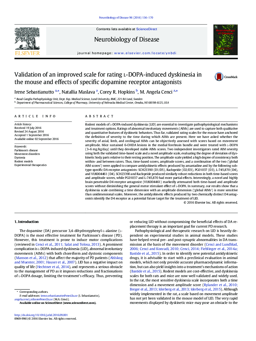 Validation of an improved scale for rating l-DOPA-induced dyskinesia in the mouse and effects of specific dopamine receptor antagonists