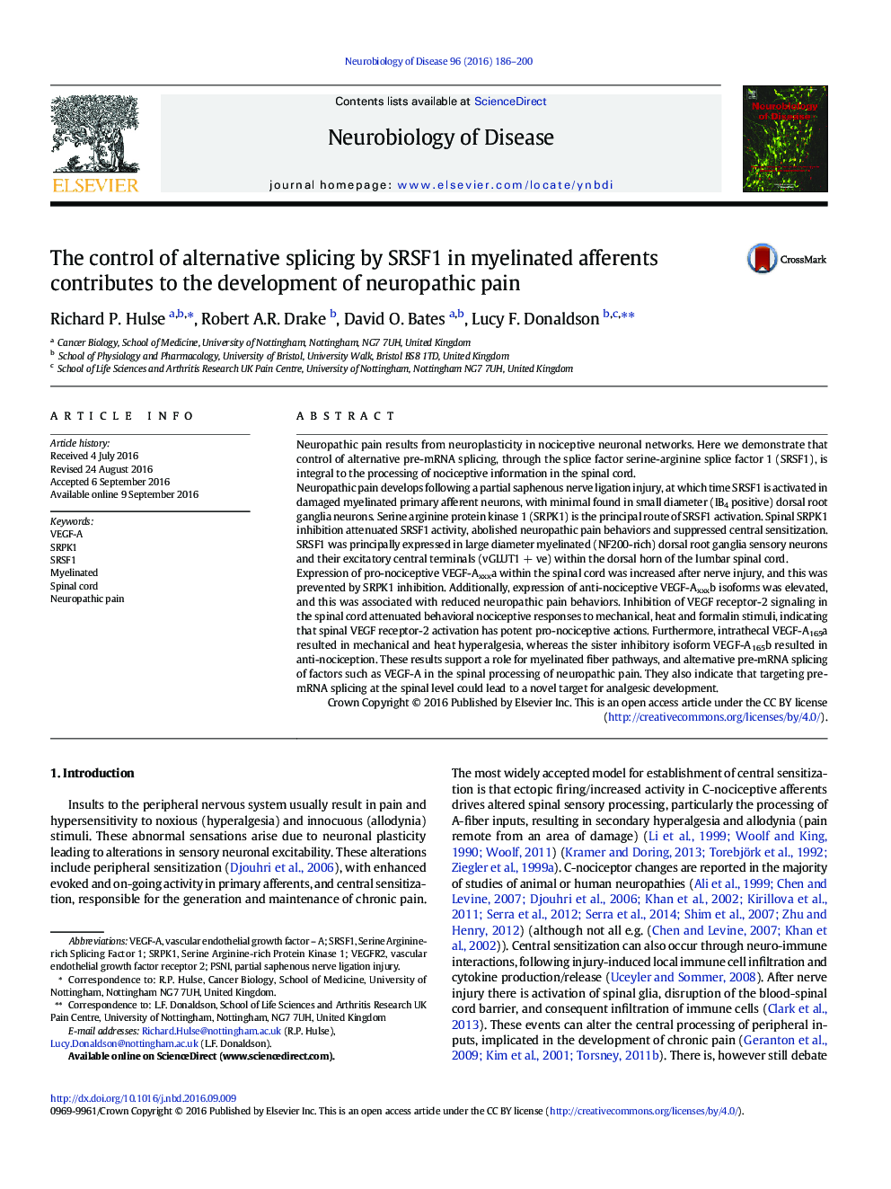 The control of alternative splicing by SRSF1 in myelinated afferents contributes to the development of neuropathic pain