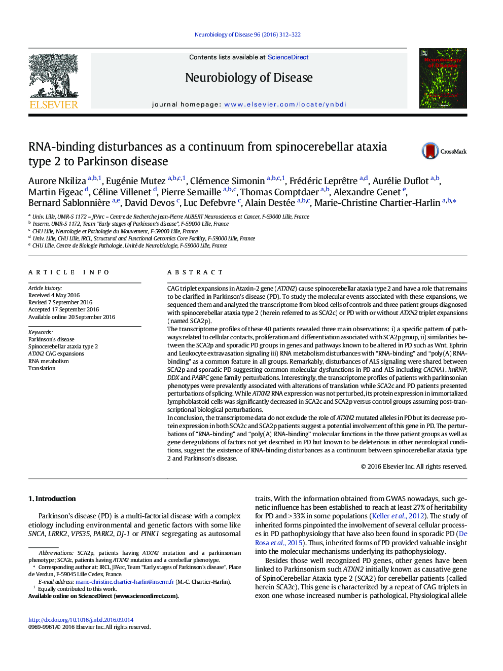 RNA-binding disturbances as a continuum from spinocerebellar ataxia type 2 to Parkinson disease