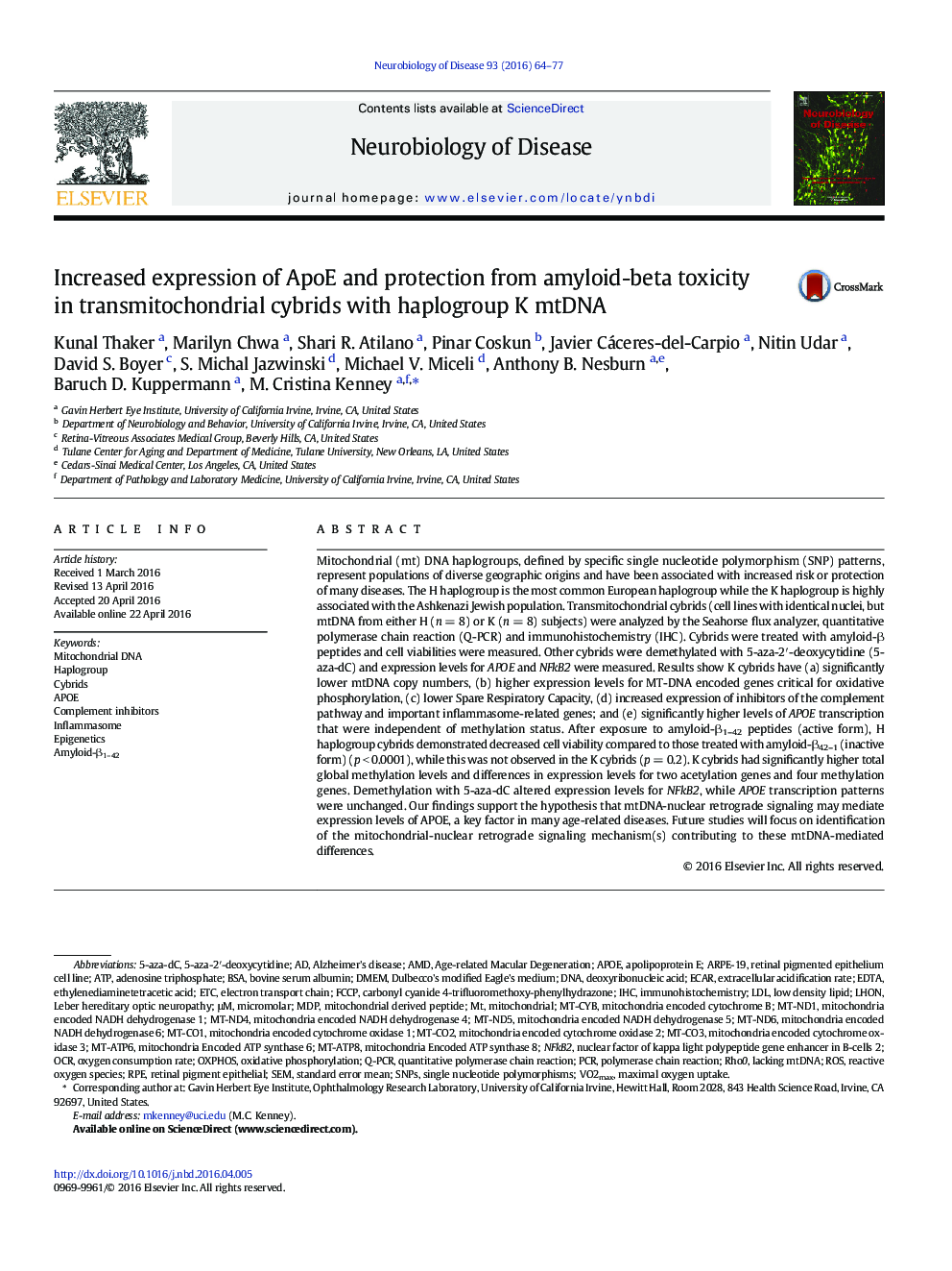 Increased expression of ApoE and protection from amyloid-beta toxicity in transmitochondrial cybrids with haplogroup K mtDNA