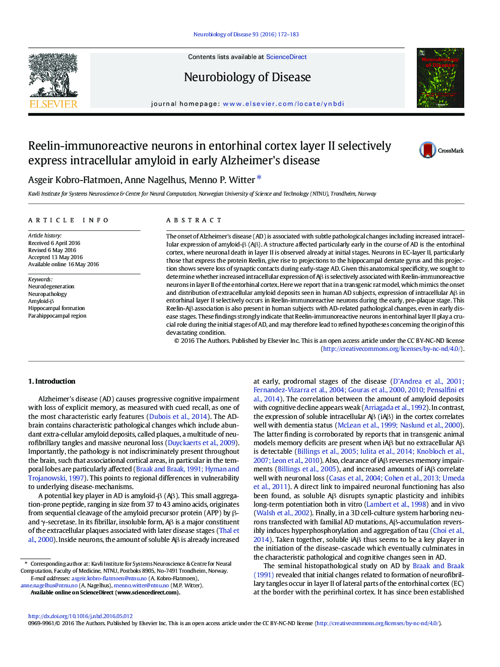 Reelin-immunoreactive neurons in entorhinal cortex layer II selectively express intracellular amyloid in early Alzheimer's disease