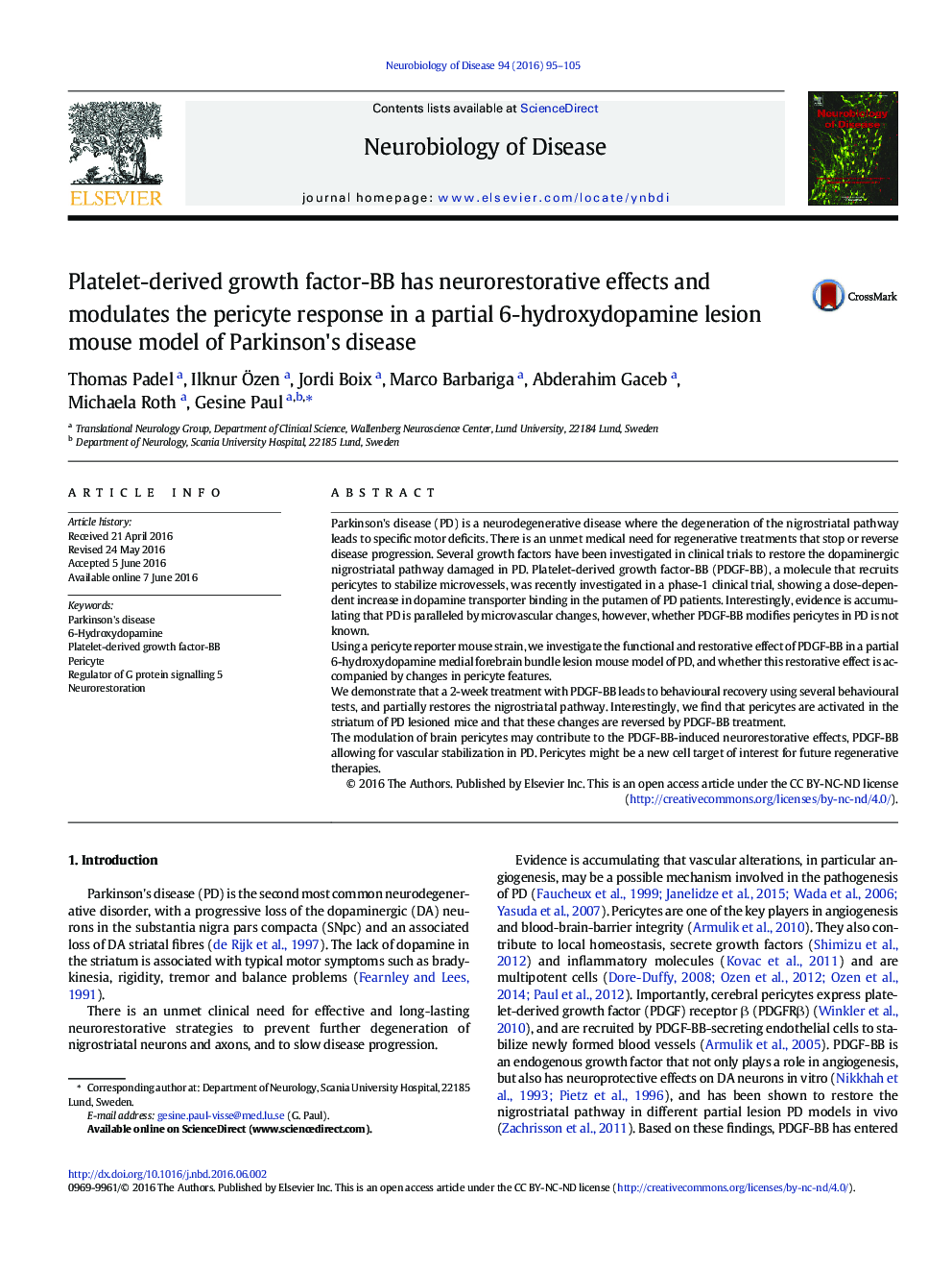 Platelet-derived growth factor-BB has neurorestorative effects and modulates the pericyte response in a partial 6-hydroxydopamine lesion mouse model of Parkinson's disease