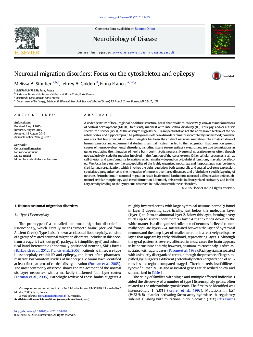 Neuronal migration disorders: Focus on the cytoskeleton and epilepsy