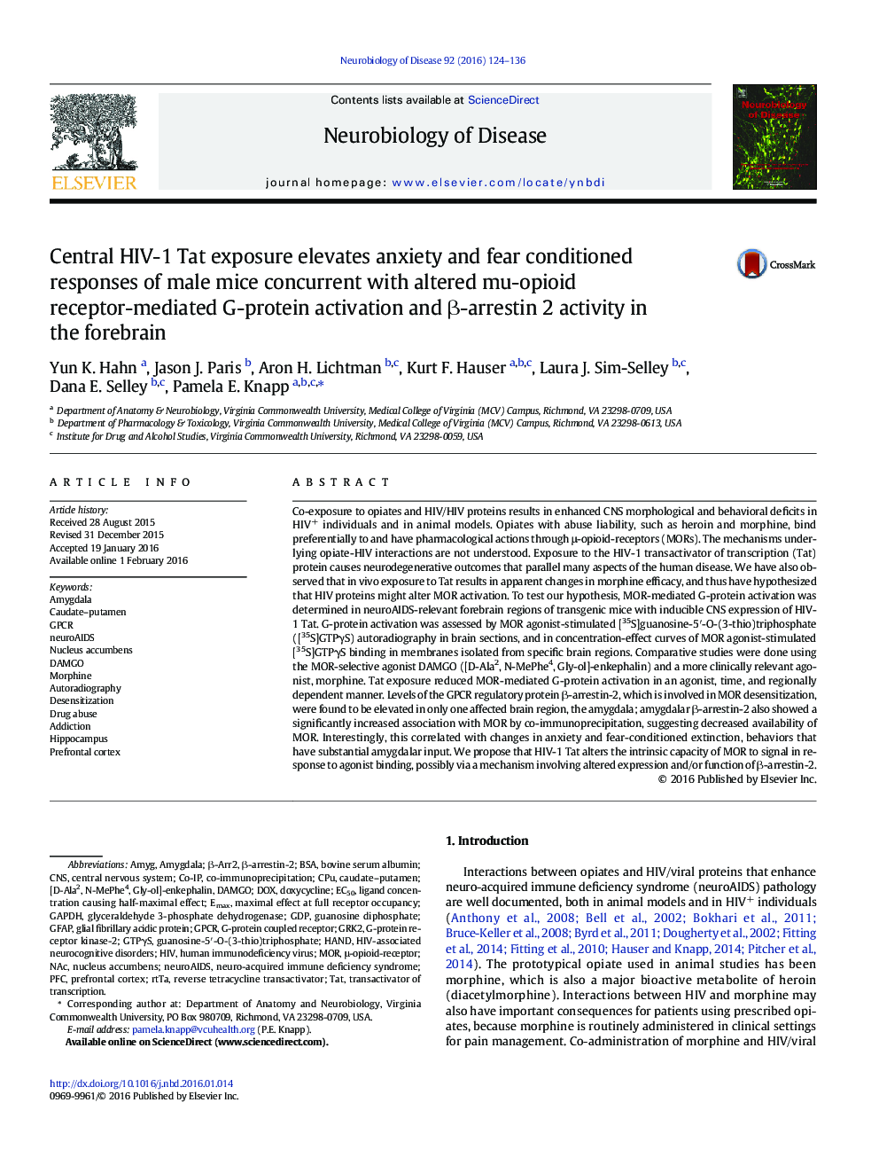 Central HIV-1 Tat exposure elevates anxiety and fear conditioned responses of male mice concurrent with altered mu-opioid receptor-mediated G-protein activation and Î²-arrestin 2 activity in the forebrain