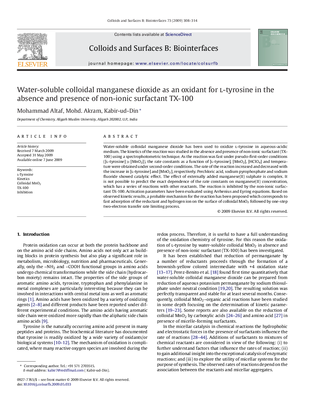 عکس صفحه اول مقاله: Water-soluble colloidal manganese dioxide as an oxidant for l-tyrosine in the absence and presence of non-ionic surfactant TX-100 Water-soluble colloidal manganese dioxide as an oxidant for l-tyrosine in the absence and presence of non-ionic surfactant TX-100
