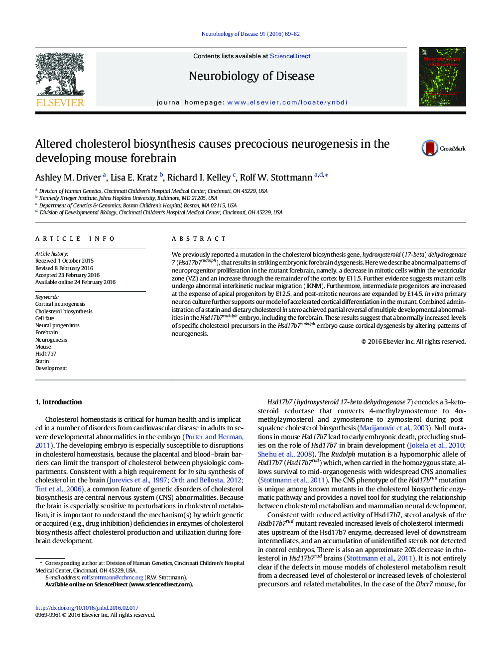 Altered cholesterol biosynthesis causes precocious neurogenesis in the developing mouse forebrain