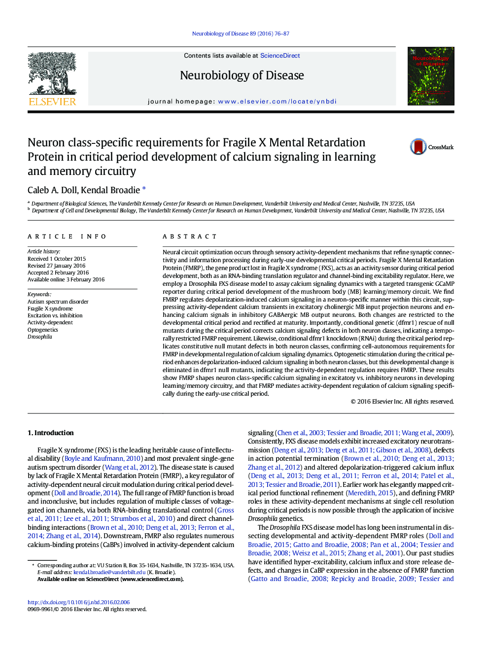 Neuron class-specific requirements for Fragile X Mental Retardation Protein in critical period development of calcium signaling in learning and memory circuitry