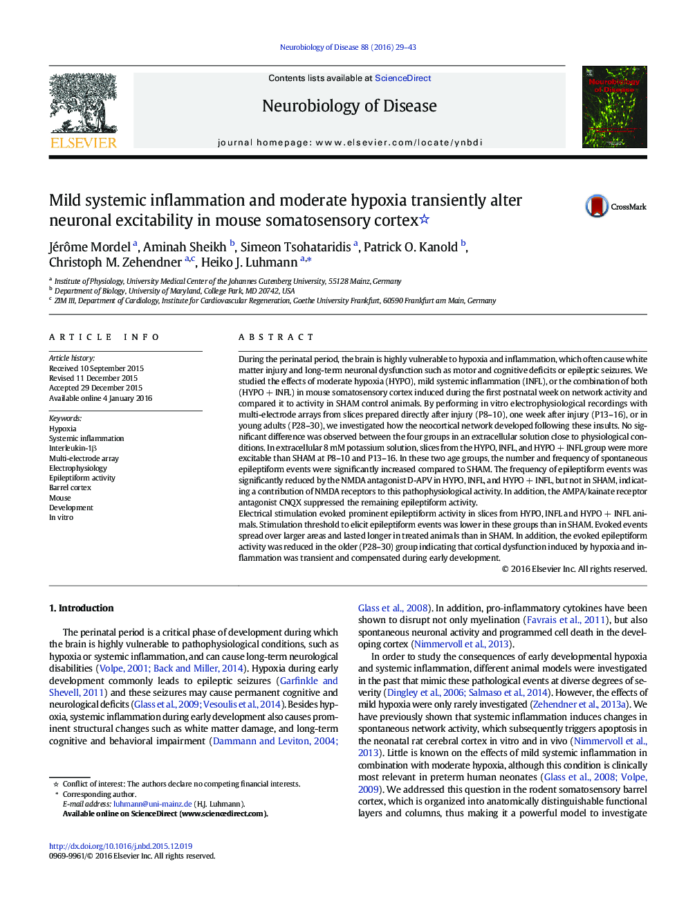 Mild systemic inflammation and moderate hypoxia transiently alter neuronal excitability in mouse somatosensory cortex