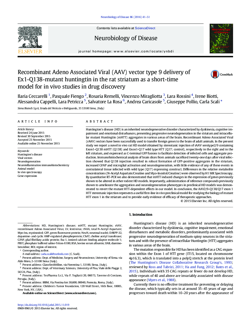 Recombinant Adeno Associated Viral (AAV) vector type 9 delivery of Ex1-Q138-mutant huntingtin in the rat striatum as a short-time model for in vivo studies in drug discovery