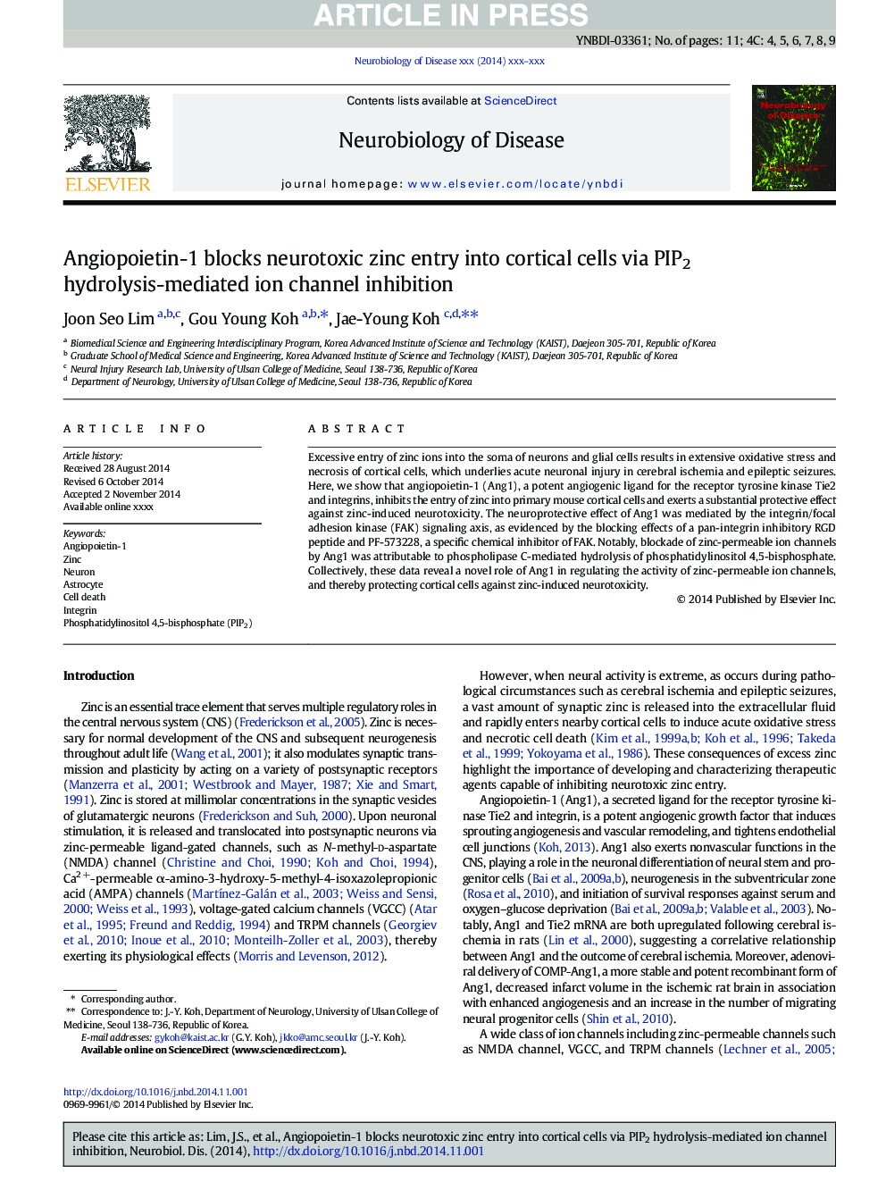 Angiopoietin-1 blocks neurotoxic zinc entry into cortical cells via PIP2 hydrolysis-mediated ion channel inhibition