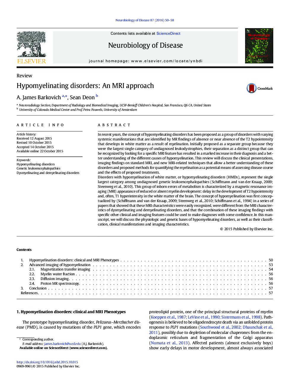 ReviewHypomyelinating disorders: An MRI approach