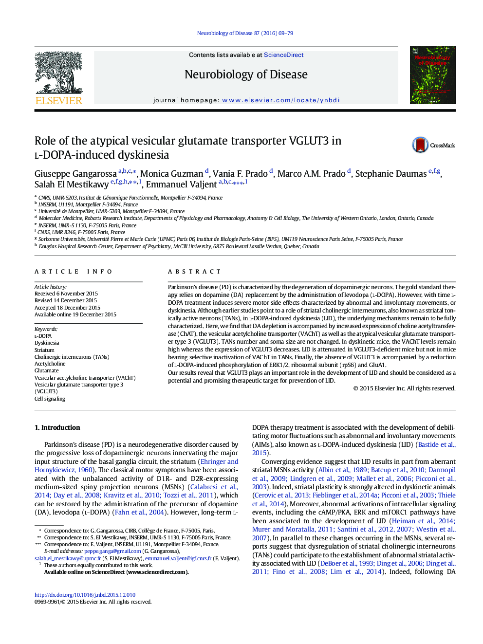 Role of the atypical vesicular glutamate transporter VGLUT3 in l-DOPA-induced dyskinesia