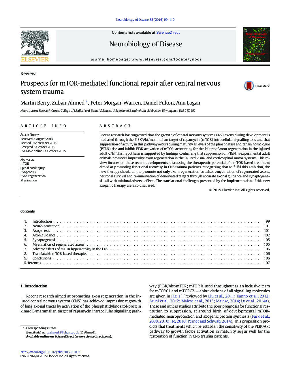 ReviewProspects for mTOR-mediated functional repair after central nervous system trauma