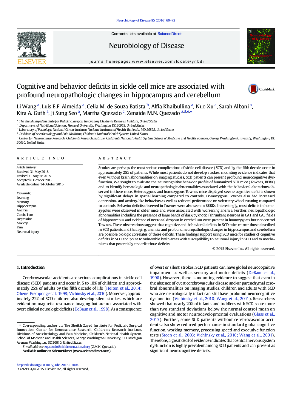 Cognitive and behavior deficits in sickle cell mice are associated with profound neuropathologic changes in hippocampus and cerebellum