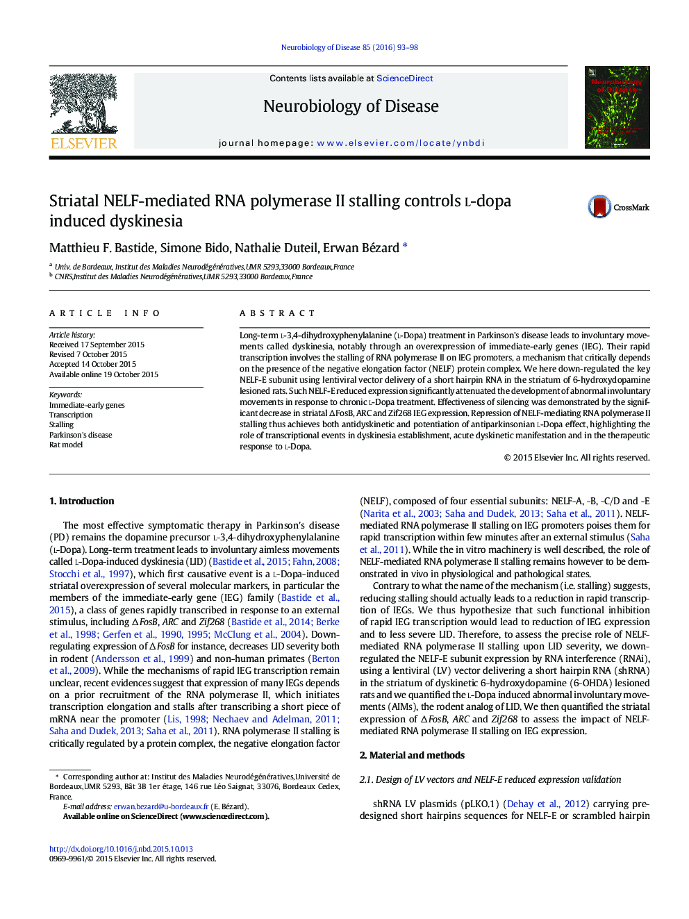 Striatal NELF-mediated RNA polymerase II stalling controls l-dopa induced dyskinesia