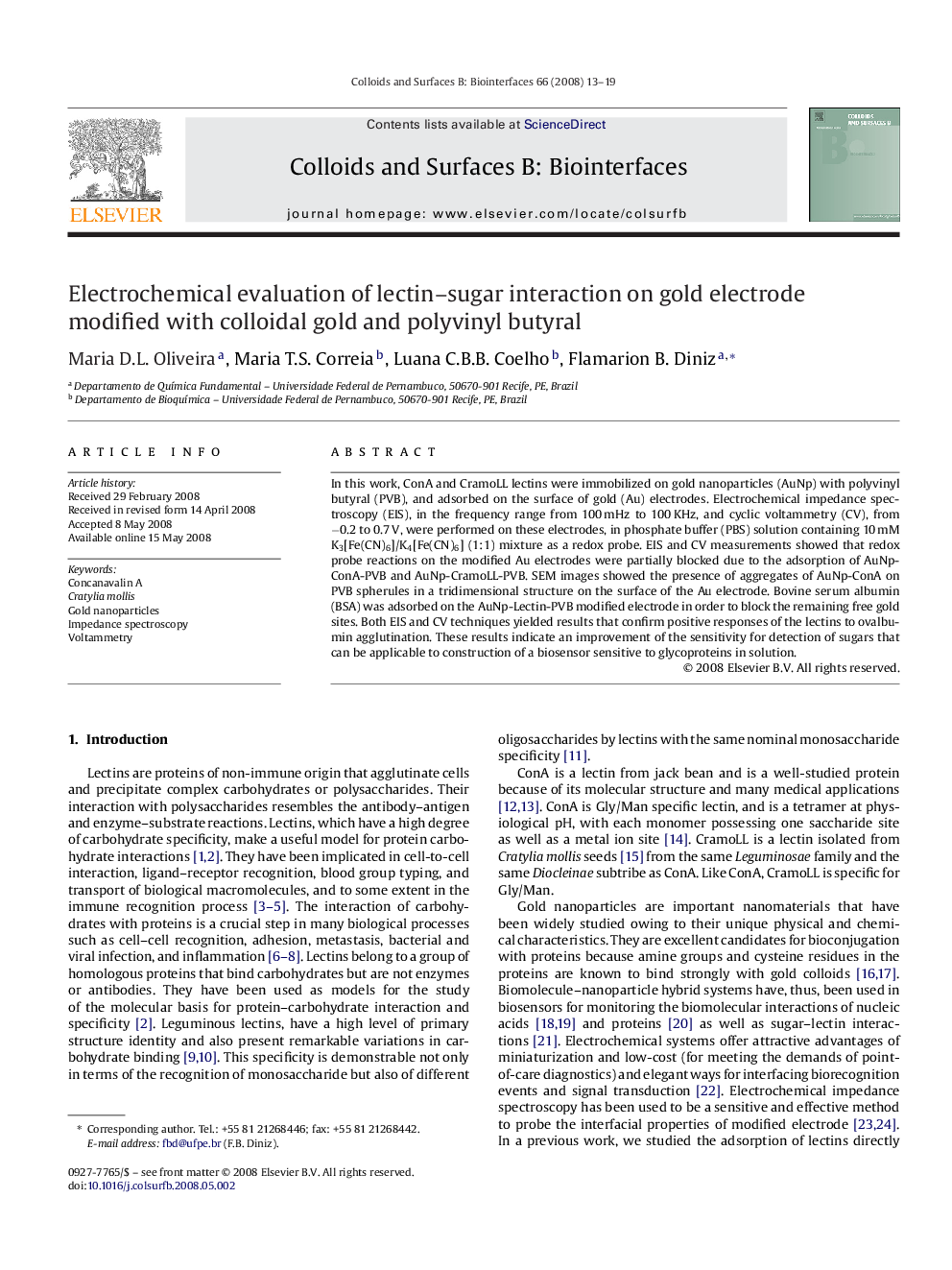 Electrochemical evaluation of lectin–sugar interaction on gold electrode modified with colloidal gold and polyvinyl butyral