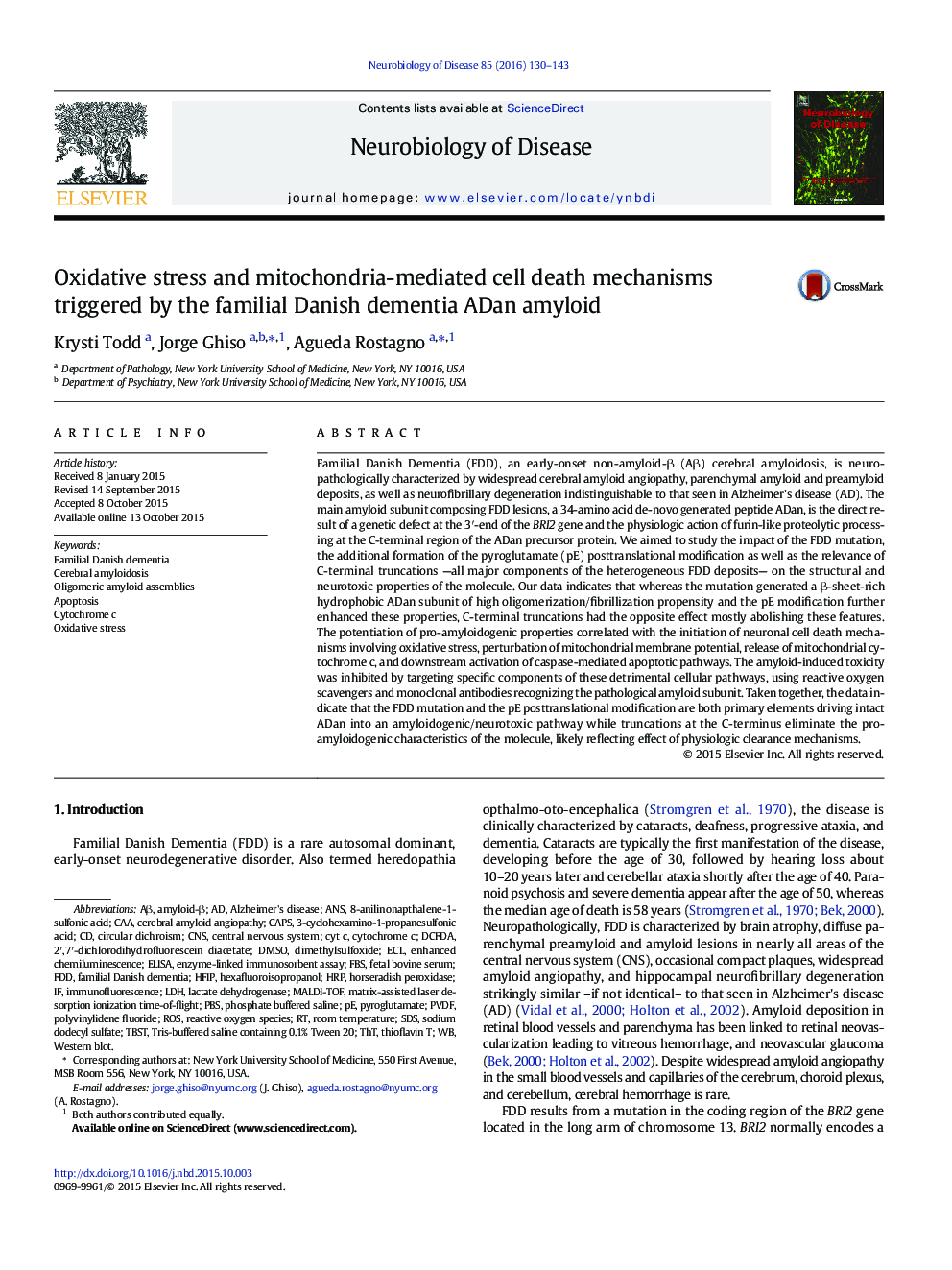 Oxidative stress and mitochondria-mediated cell death mechanisms triggered by the familial Danish dementia ADan amyloid