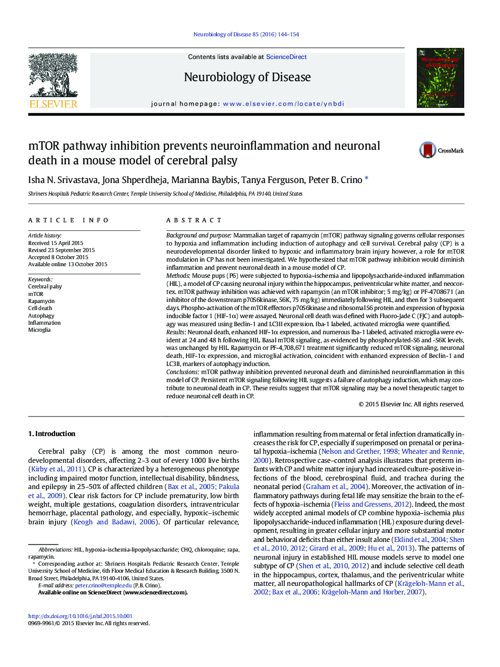 mTOR pathway inhibition prevents neuroinflammation and neuronal death in a mouse model of cerebral palsy