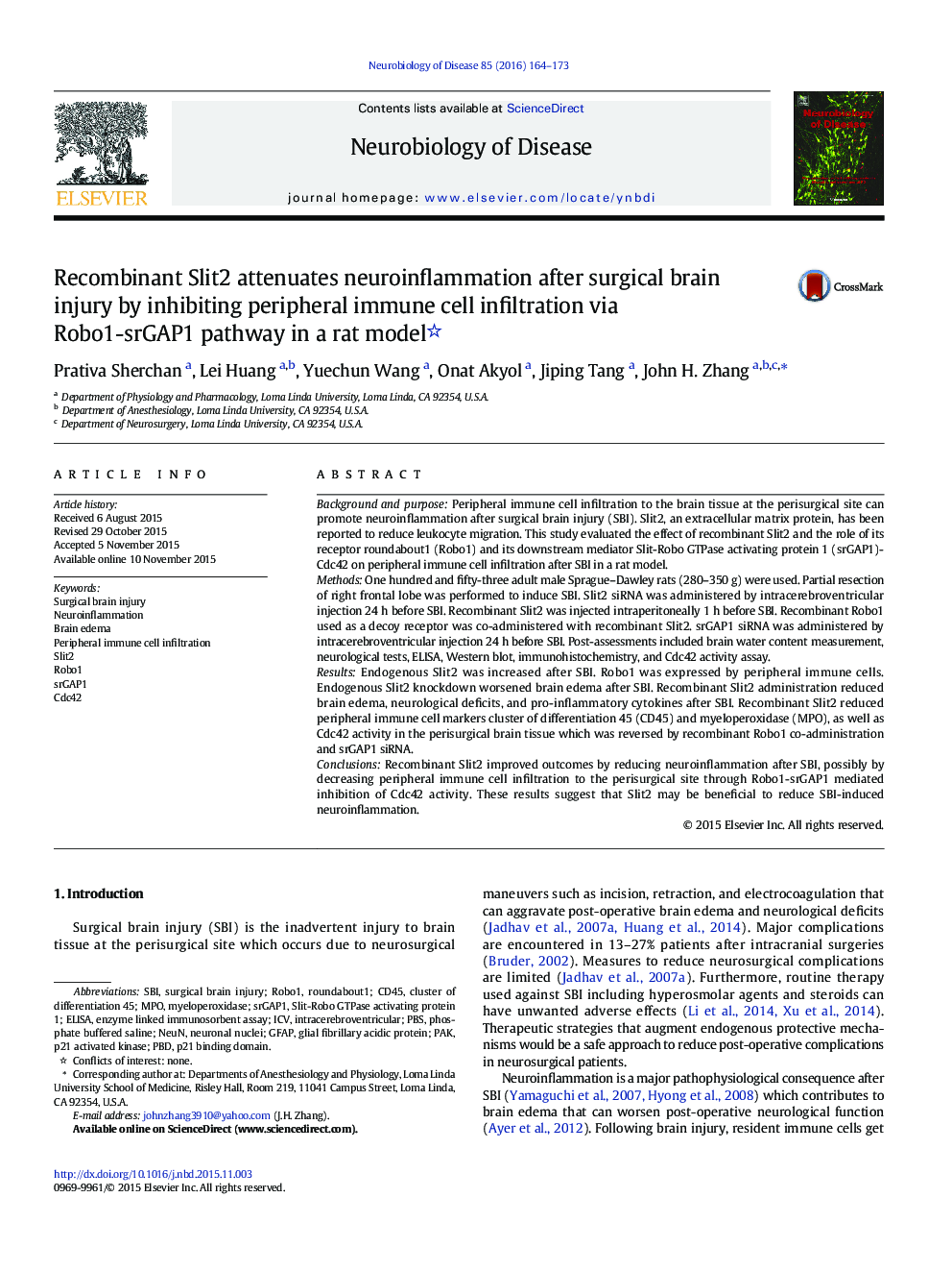 Recombinant Slit2 attenuates neuroinflammation after surgical brain injury by inhibiting peripheral immune cell infiltration via Robo1-srGAP1 pathway in a rat model