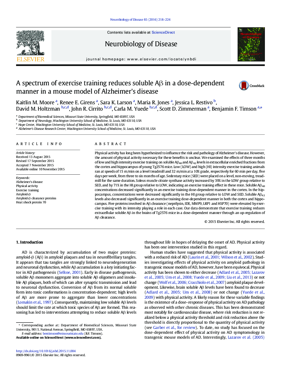 A spectrum of exercise training reduces soluble AÎ² in a dose-dependent manner in a mouse model of Alzheimer's disease