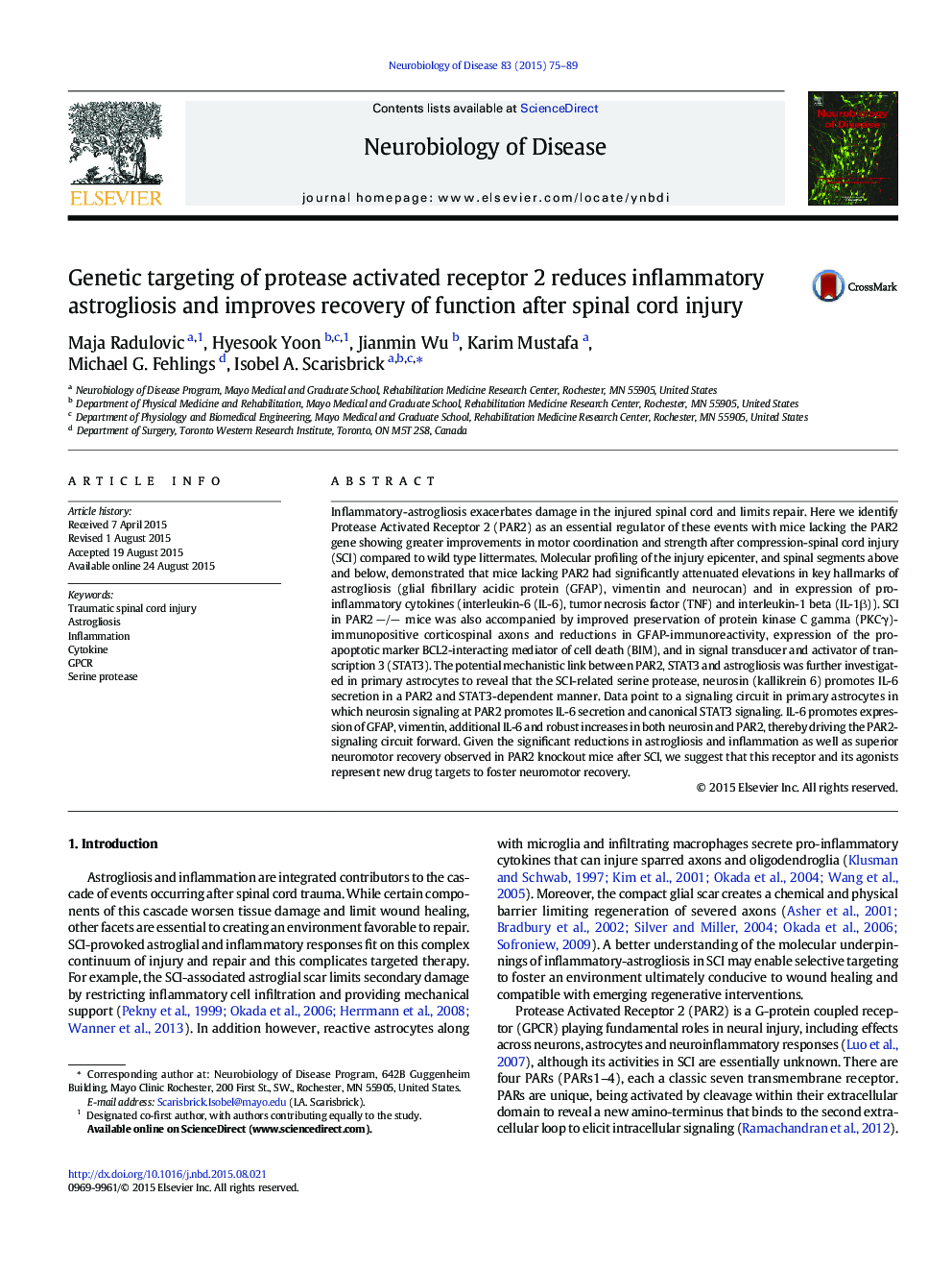 Genetic targeting of protease activated receptor 2 reduces inflammatory astrogliosis and improves recovery of function after spinal cord injury