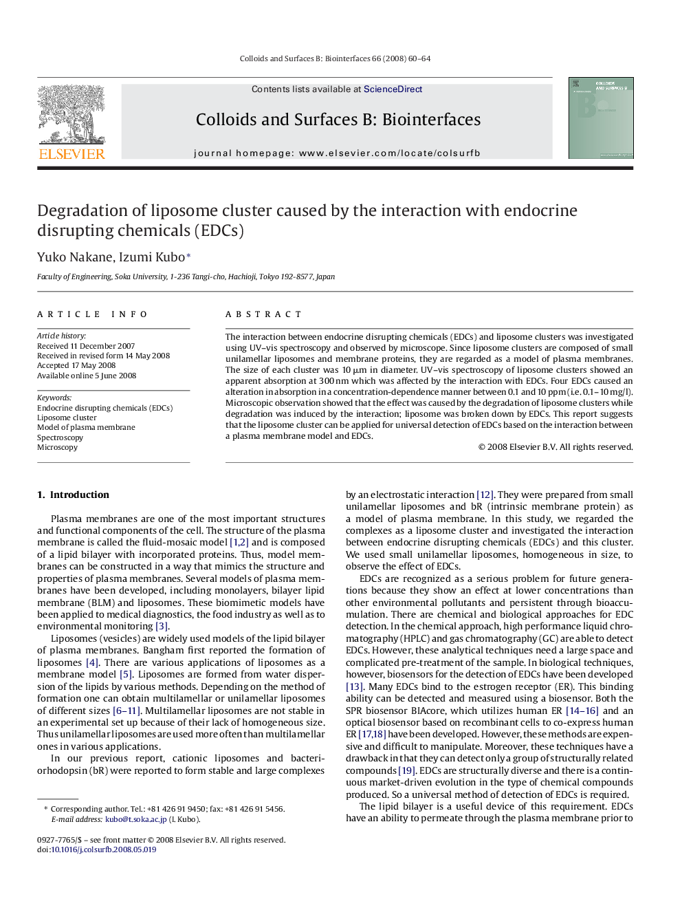 Degradation of liposome cluster caused by the interaction with endocrine disrupting chemicals (EDCs)