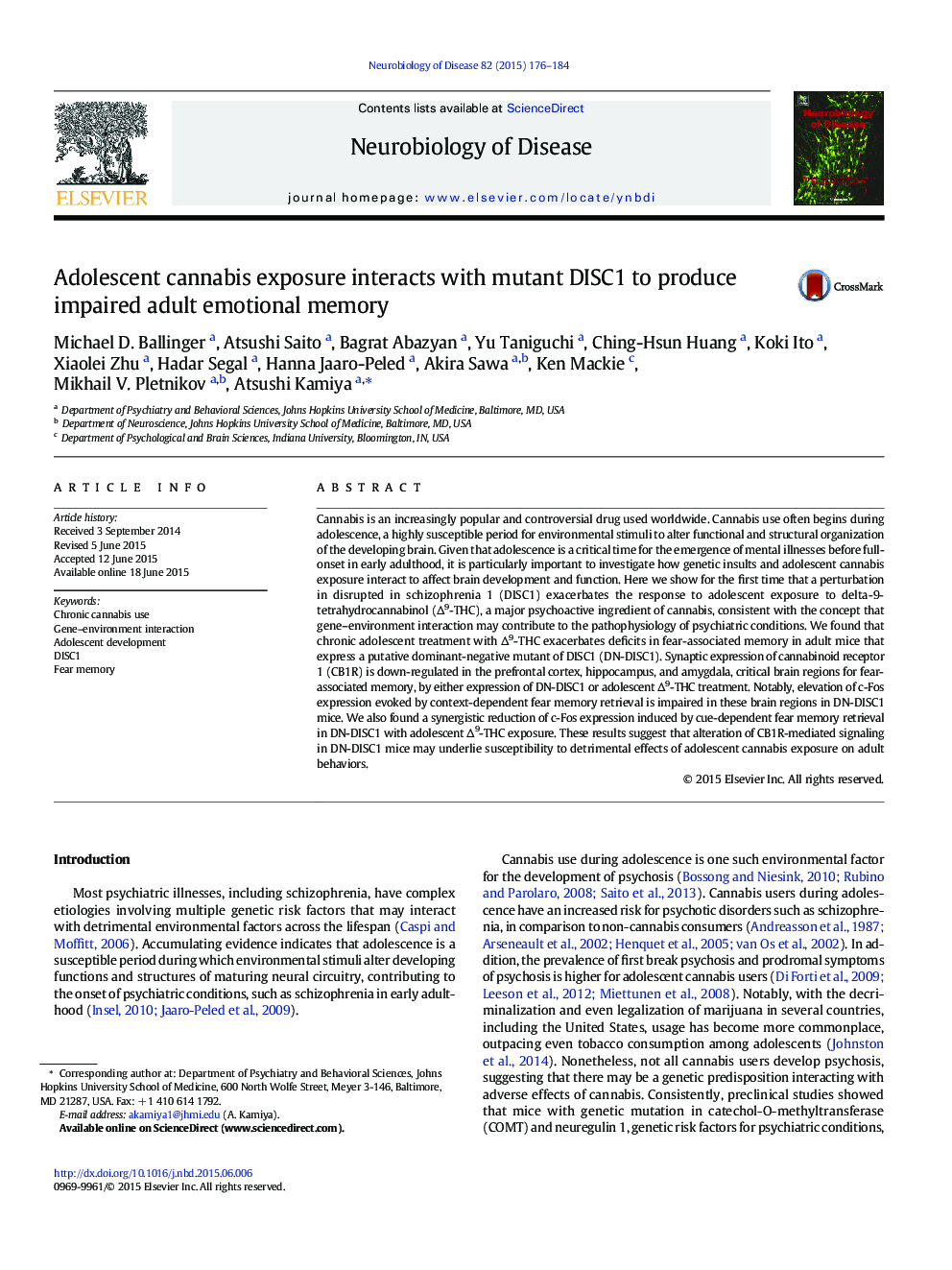 Adolescent cannabis exposure interacts with mutant DISC1 to produce impaired adult emotional memory