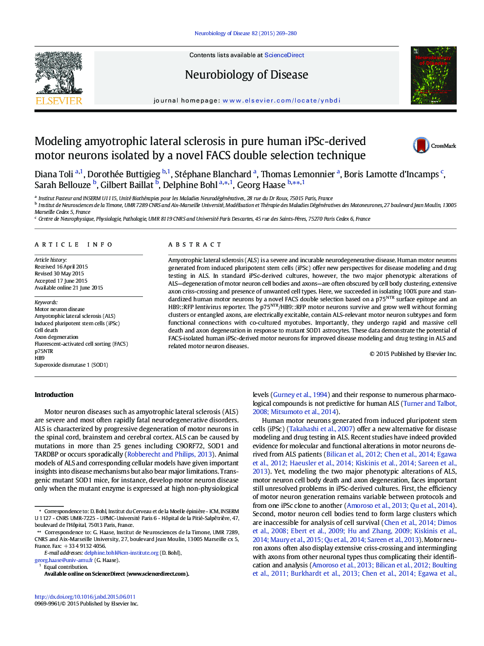 Modeling amyotrophic lateral sclerosis in pure human iPSc-derived motor neurons isolated by a novel FACS double selection technique