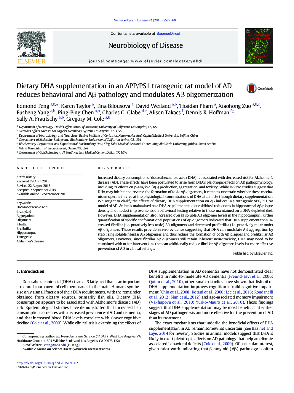 Dietary DHA supplementation in an APP/PS1 transgenic rat model of AD reduces behavioral and AÎ² pathology and modulates AÎ² oligomerization