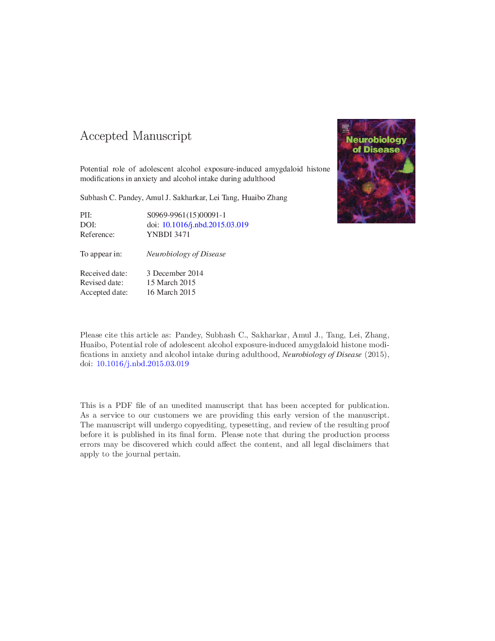 Potential role of adolescent alcohol exposure-induced amygdaloid histone modifications in anxiety and alcohol intake during adulthood