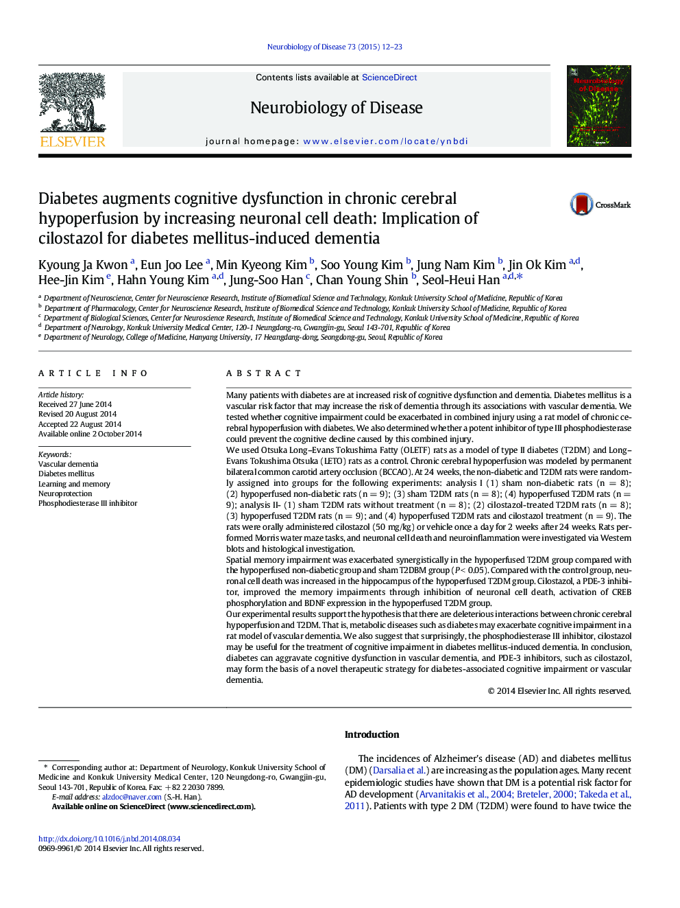 Diabetes augments cognitive dysfunction in chronic cerebral hypoperfusion by increasing neuronal cell death: Implication of cilostazol for diabetes mellitus-induced dementia