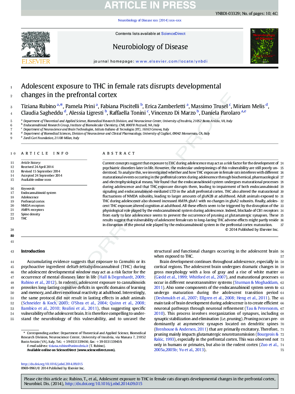 Adolescent exposure to THC in female rats disrupts developmental changes in the prefrontal cortex