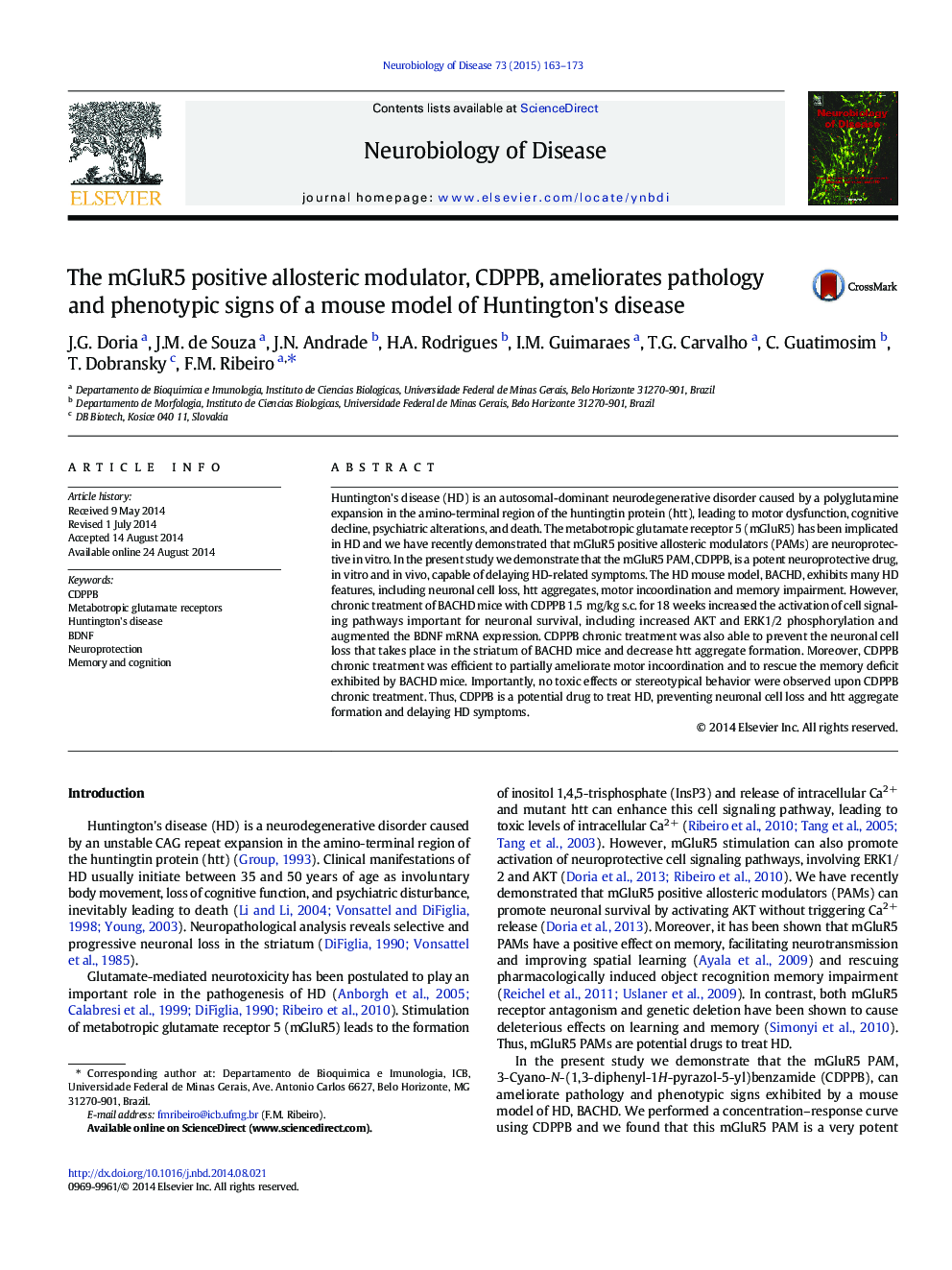 The mGluR5 positive allosteric modulator, CDPPB, ameliorates pathology and phenotypic signs of a mouse model of Huntington's disease